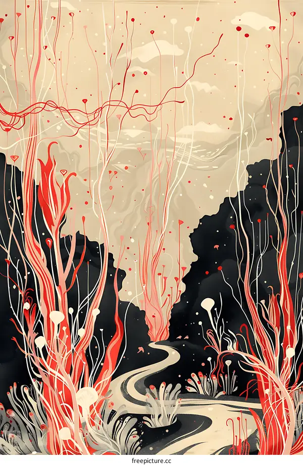 Abstract Fantasy Landscape with Red and White Flowers