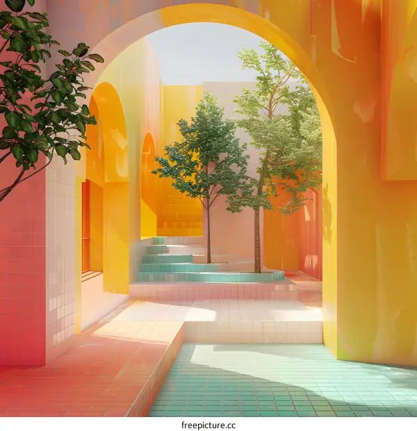 An illustration of a colorful courtyard with trees and arches
