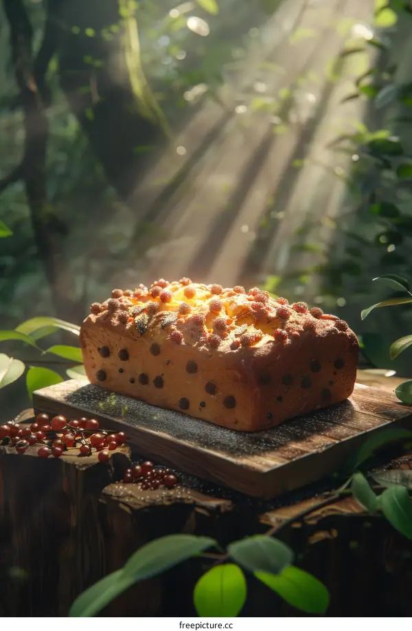 Close up of a delicious homemade cake with fresh berries on a wooden table in the middle of the forest