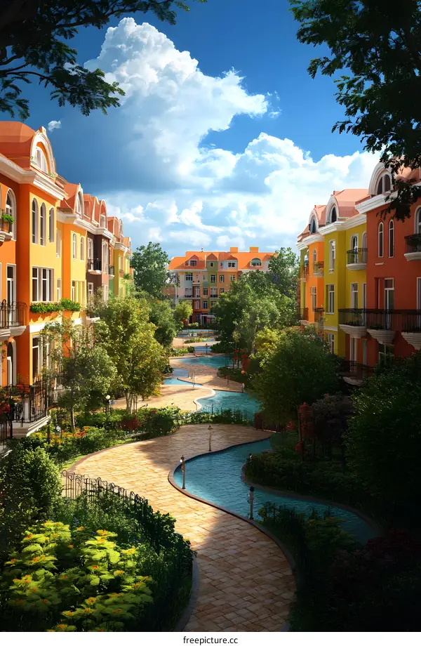 Colorful Buildings with Winding Water Canal in a Park