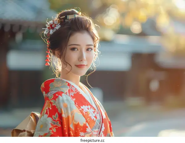 Portrait of a beautiful Japanese woman in traditional kimono