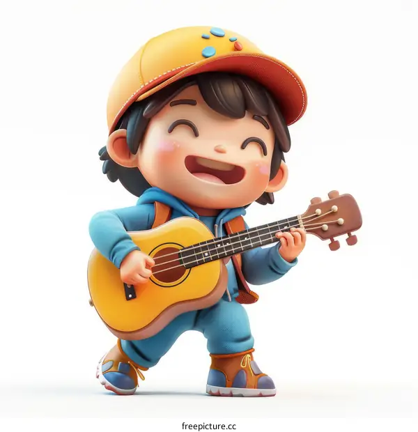 A happy boy playing the guitar