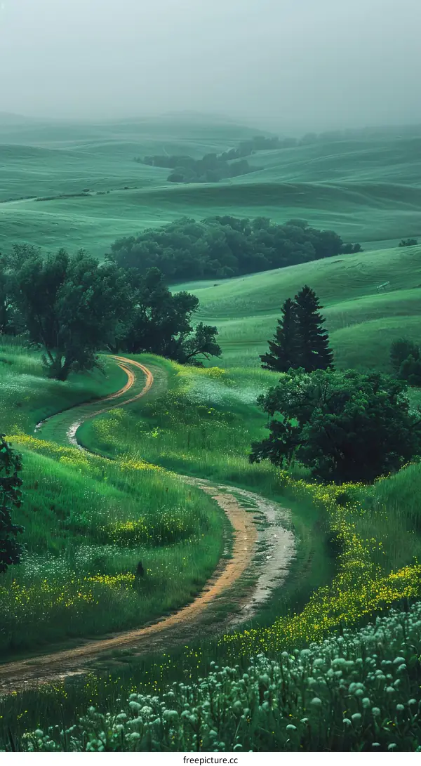 Scenic Country Road Winding Through Rolling Green Hills