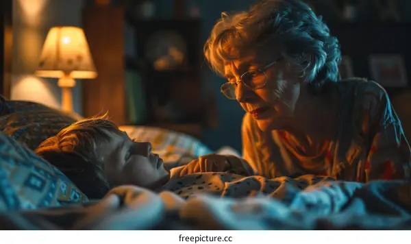Grandmother lovingly watches over sleeping child