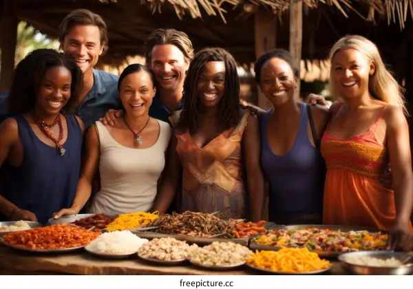 A group of smiling people of African descent stand around a table of food.