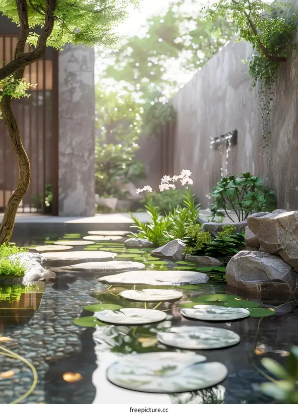 Peaceful Zen Garden with Water Feature