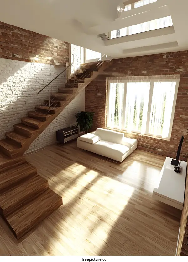 Modern Minimalist Living Room Design with Wooden Stairs and White Brick Walls