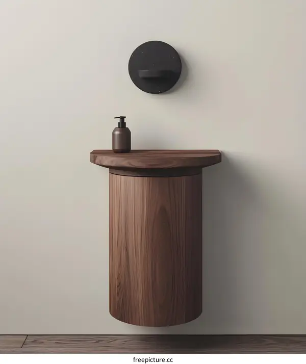 Minimalist Bathroom Vanity with Wooden Shelf and Soap Dispenser