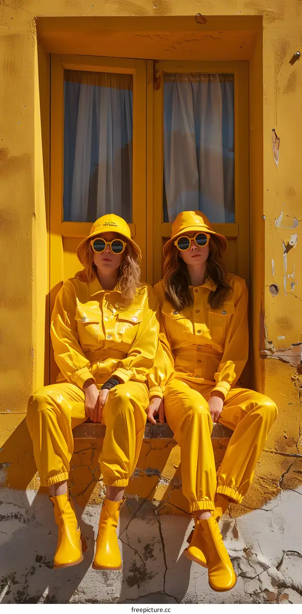 Two women wearing yellow outfits sitting on a yellow window sill