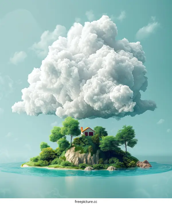 Small house perched on an idyllic island surrounded by immense trees and a massive cloud hovering overhead
