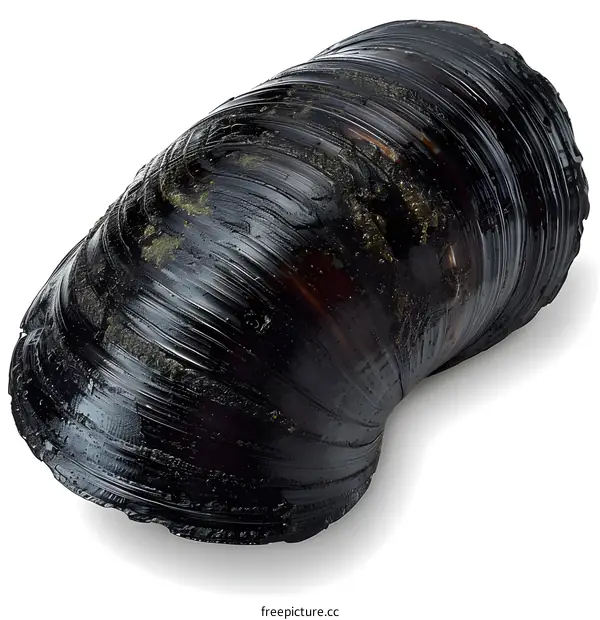 A large black mussel shell isolated on a white background.
