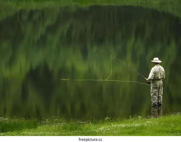 Man Fishing On A Lake With Green Water Reflection