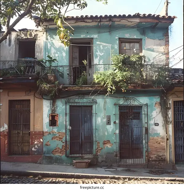 Blue building with plants growing on the balcony