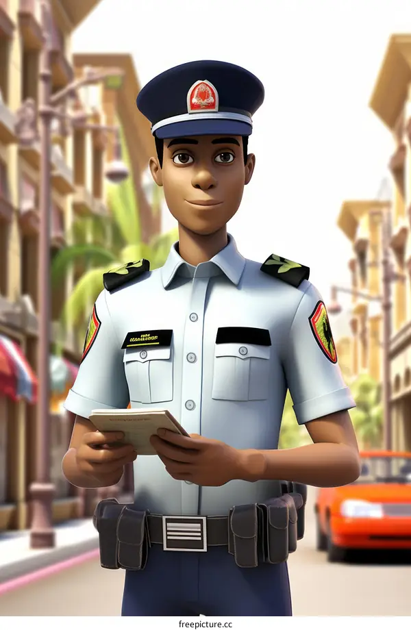 A police officer is standing in the street and writing a ticket.