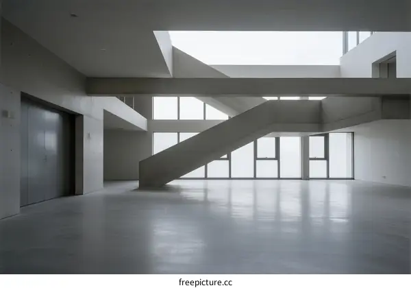 Spacious Modern Interior with Staircase and Large Windows