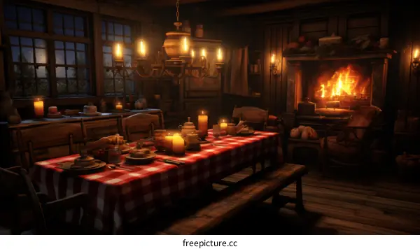 A wooden cabin dining room with a long table set for dinner