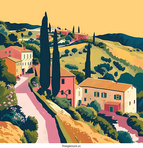 Illustration of a Winding Road Leading to a Village in the Hills