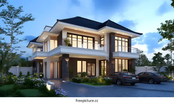 Modern Luxury Two Story House With Garage and Garden