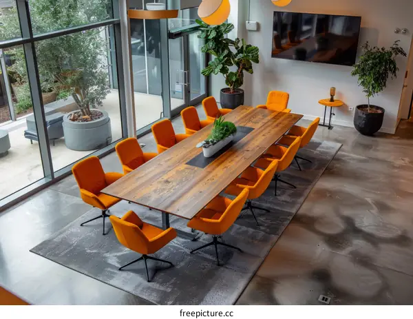 Modern Conference Room with Long Wooden Table and Orange Chairs