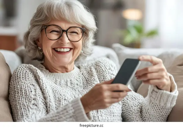 Smiling Senior Woman Using Smartphone