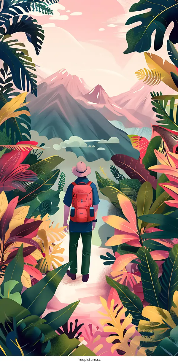 Man With Backpack Looking At Mountains Through Lush Green Foliage