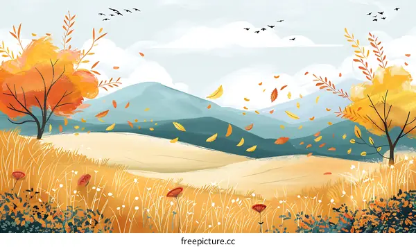 Autumn Landscape with Trees, Mountains and Falling Leaves