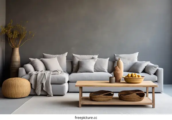 Modern grey living room interior with stylish home decor