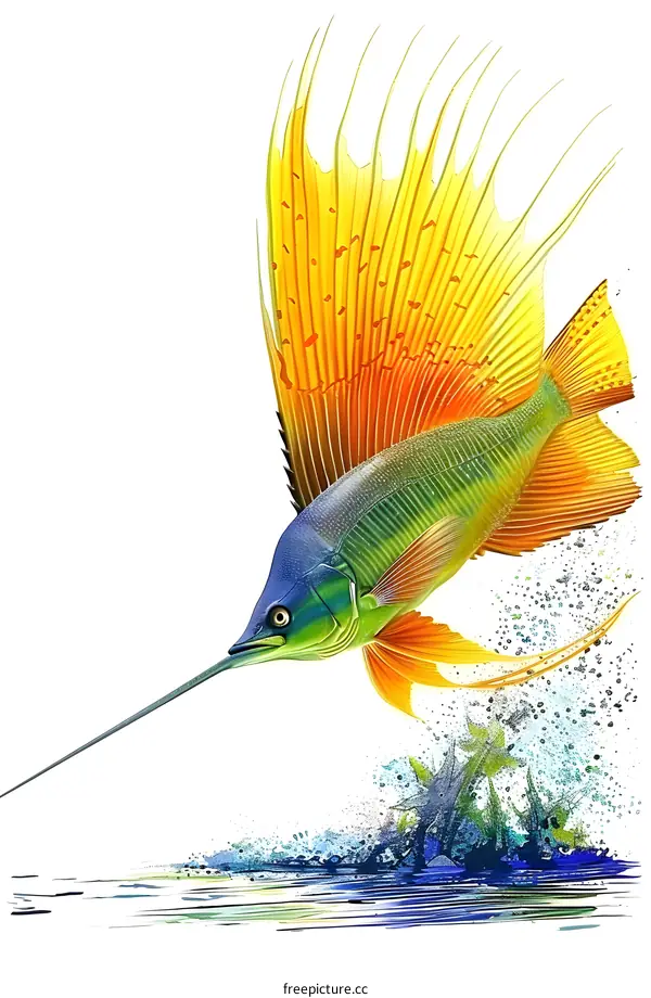 A green, blue and yellow sailfish jumps out of the water