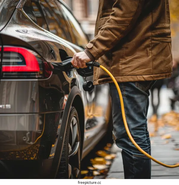 Man Plugs In His Electric Car On City Street