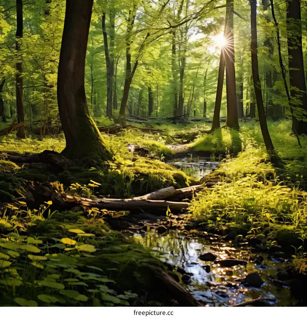 The sun shines through the forest