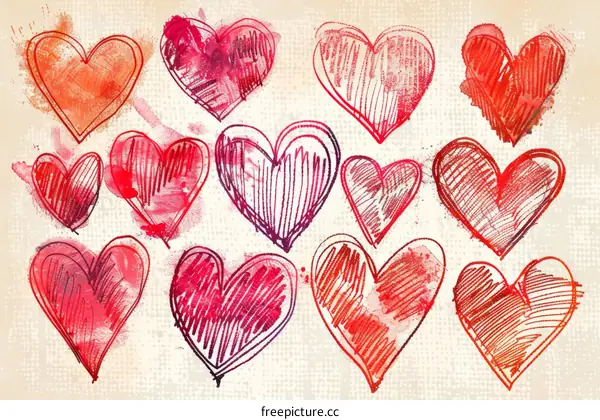 A variety of red heart-shaped patterns