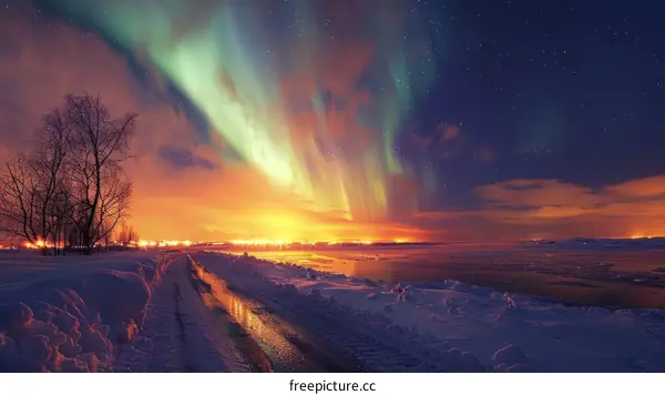 Aurora borealis in the night sky over a snowy landscape