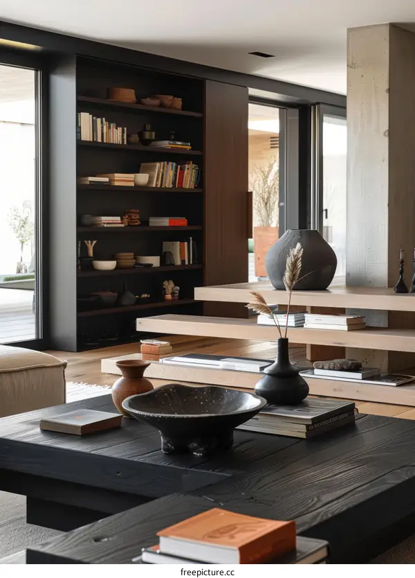 Modern Minimalist Living Room with Bookshelves