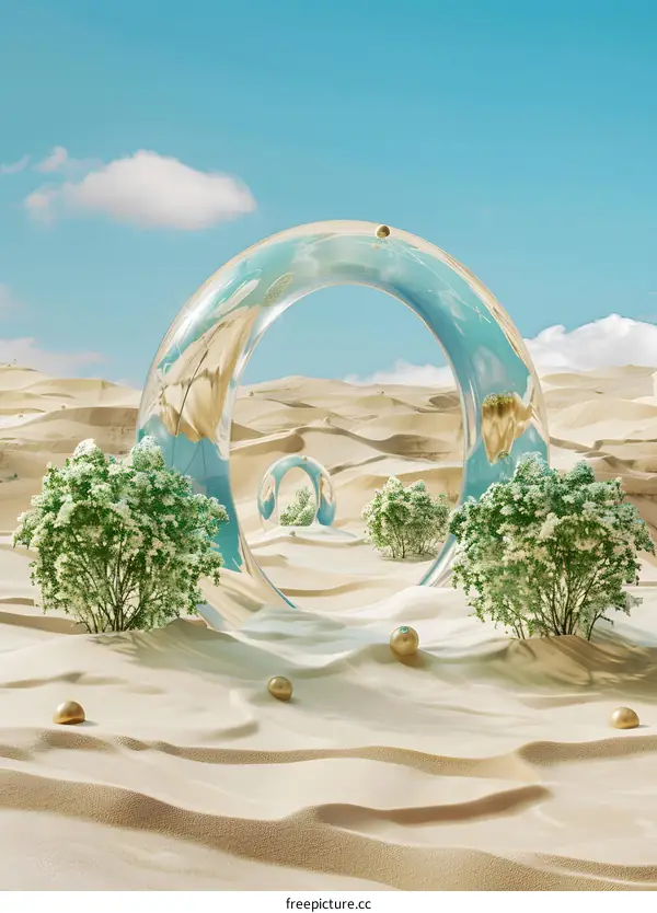 Abstract Desert Landscape with Glass Arches and Golden Spheres