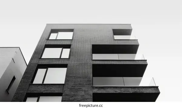 Black and white photo of a modern apartment building with glass balconies