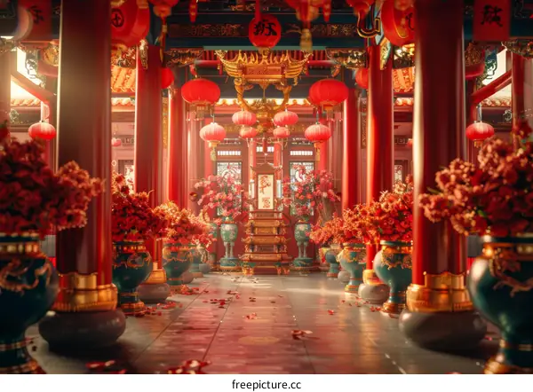 A Splendid Palace Adorned with Lanterns and Red Decorations