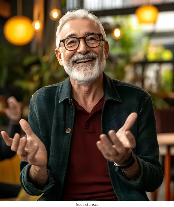 Smiling Senior Man with Gray Hair in a Casual Outfit Gesturing with His Hands