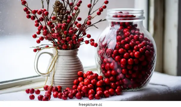 Red berries in a vase and a jar on a windowsill
