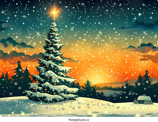 Christmas tree shining in the snow