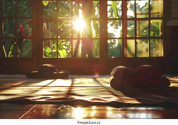 Sunlight Shining Through Window Onto Yoga Mat and Cushions