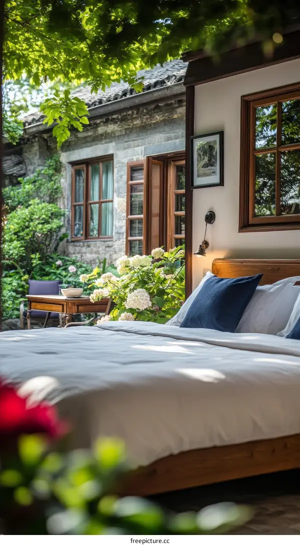 Rustic Courtyard Garden Bedroom with Wooden Bed
