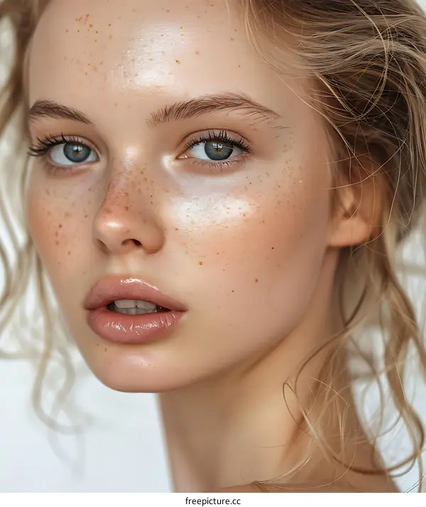 Close Up Portrait of a Young Woman with Freckles and Blonde Hair