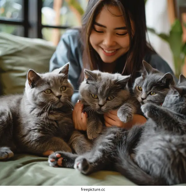 A young woman is sitting on a bed with three gray cats