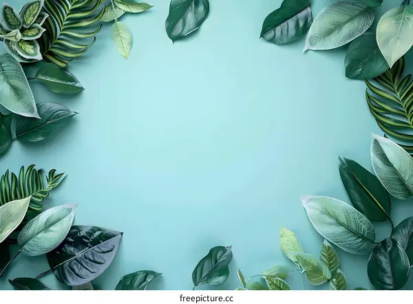 Green Leaves Frame on Blue Background