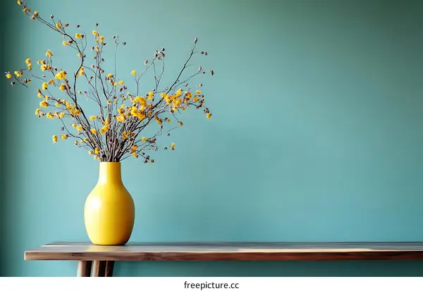 Yellow Vase with Dried Flowers Against Teal Wall
