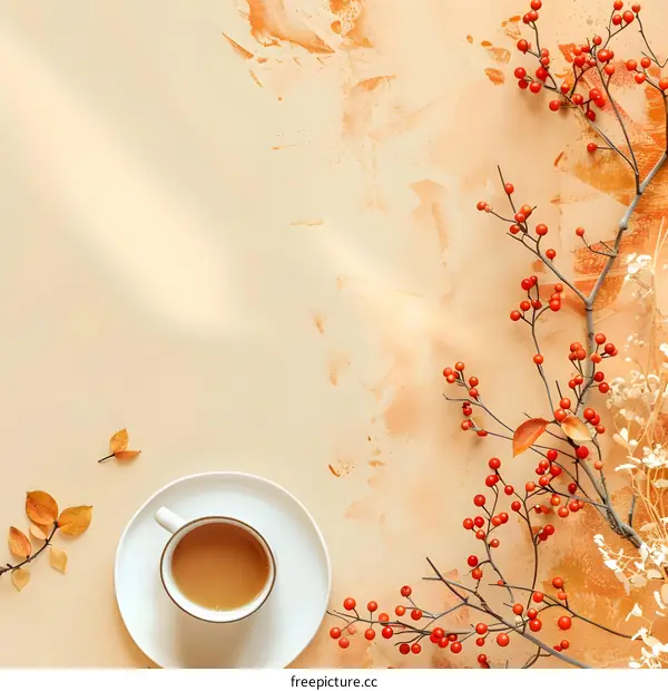 Autumn Coffee Flatlay With Berries and Leaves
