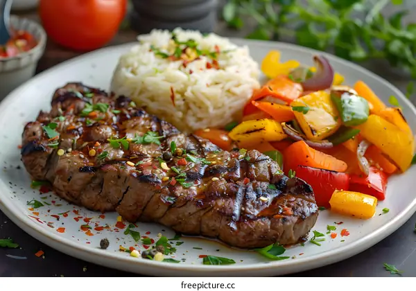 Grilled Steak with Rice and Roasted Peppers