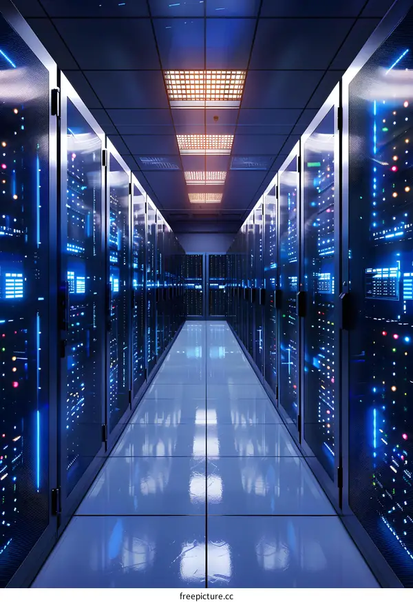 Server Room with Rows of Racks and Blue Lights