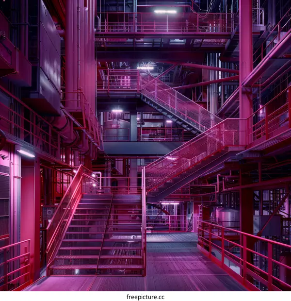 A pink industrial building with many levels and catwalks