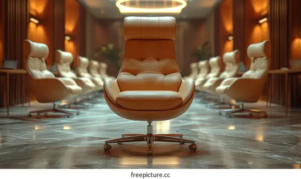 Empty conference room with a single chair in the center